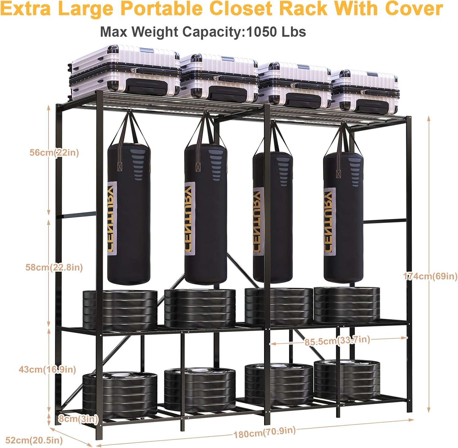 Foldable Heavy Duty Portable Closet with Cover, Freestanding Storage Garment Rack for Bedroom, Clothes Rack for Hanging Clothes Armoire Wardrobe Closet System, 70.9x70.9x20.5 Inch,Black Grey
