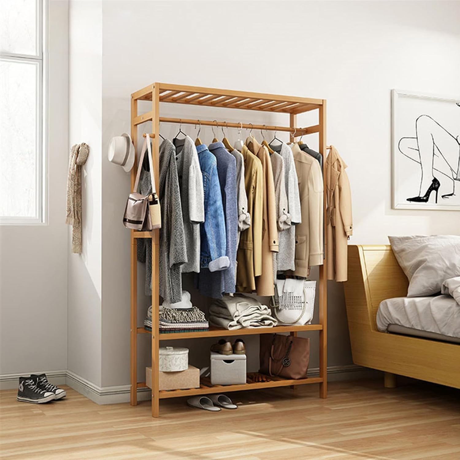 Versatile Mobile Garment Rack - Bamboo Freestanding Clothes Organizer for Hanging, Wardrobe Storage Closet with Wheel Perfect,with 4 Hooks/1 Top Rod & 3 Shelves,80 * 42 * 1668CM