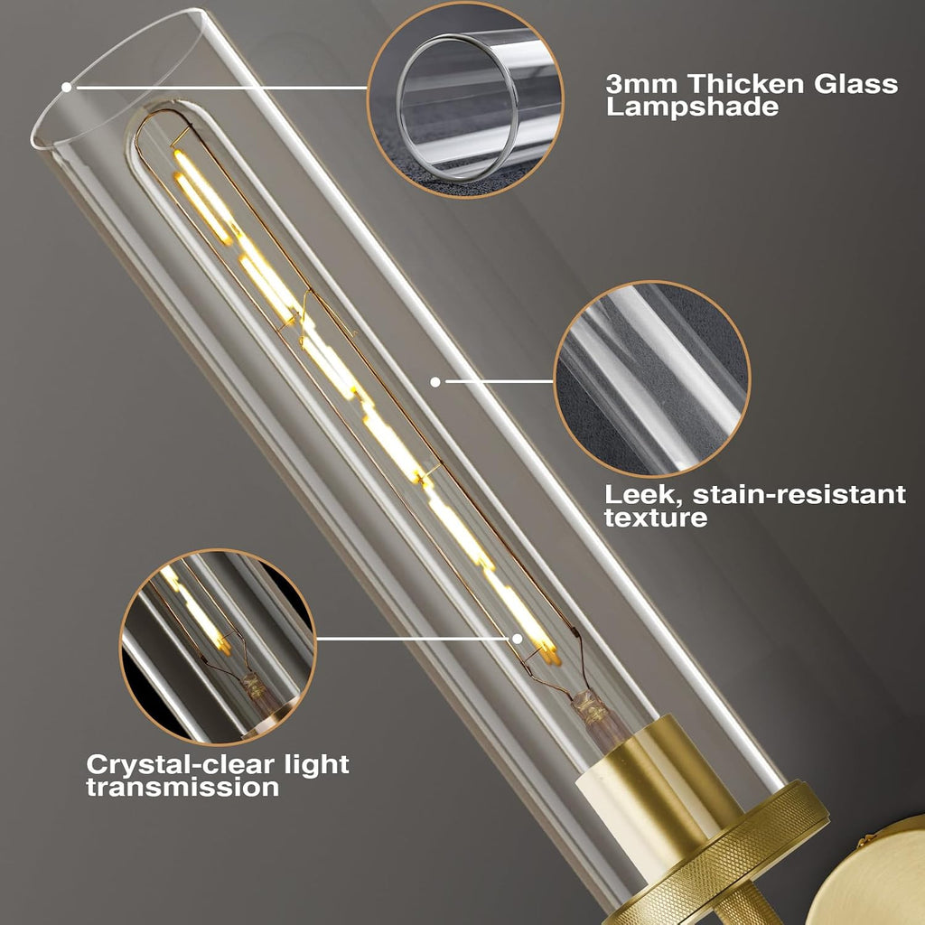 Gold Wall Sconces Set of Two, 19.48' Knurled Gold Wall Lighting with Glass Tube, Modern Brass Sconces Wall Lamp for Bedroom Living Room Bathroom Hallway Staircase & Vanity Mirror(Including Bulb)