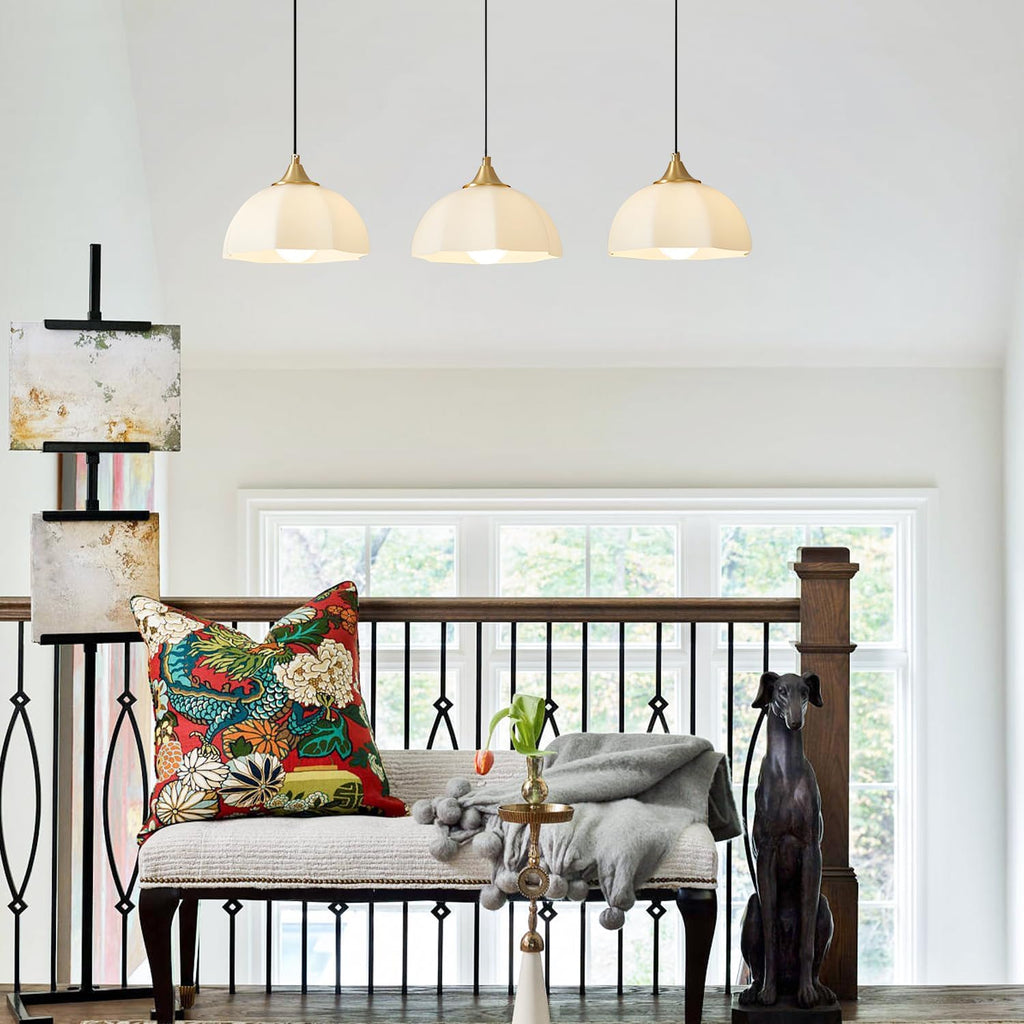 Modern 3 Light Pendant Lighting Gold Linear Dining Room Light Fixture Milk Glass Linear Chandelier Brass and White Pendant Lights Kitchen Island 3 Bulb Hanging Ceiling Light MPL17-3S GD