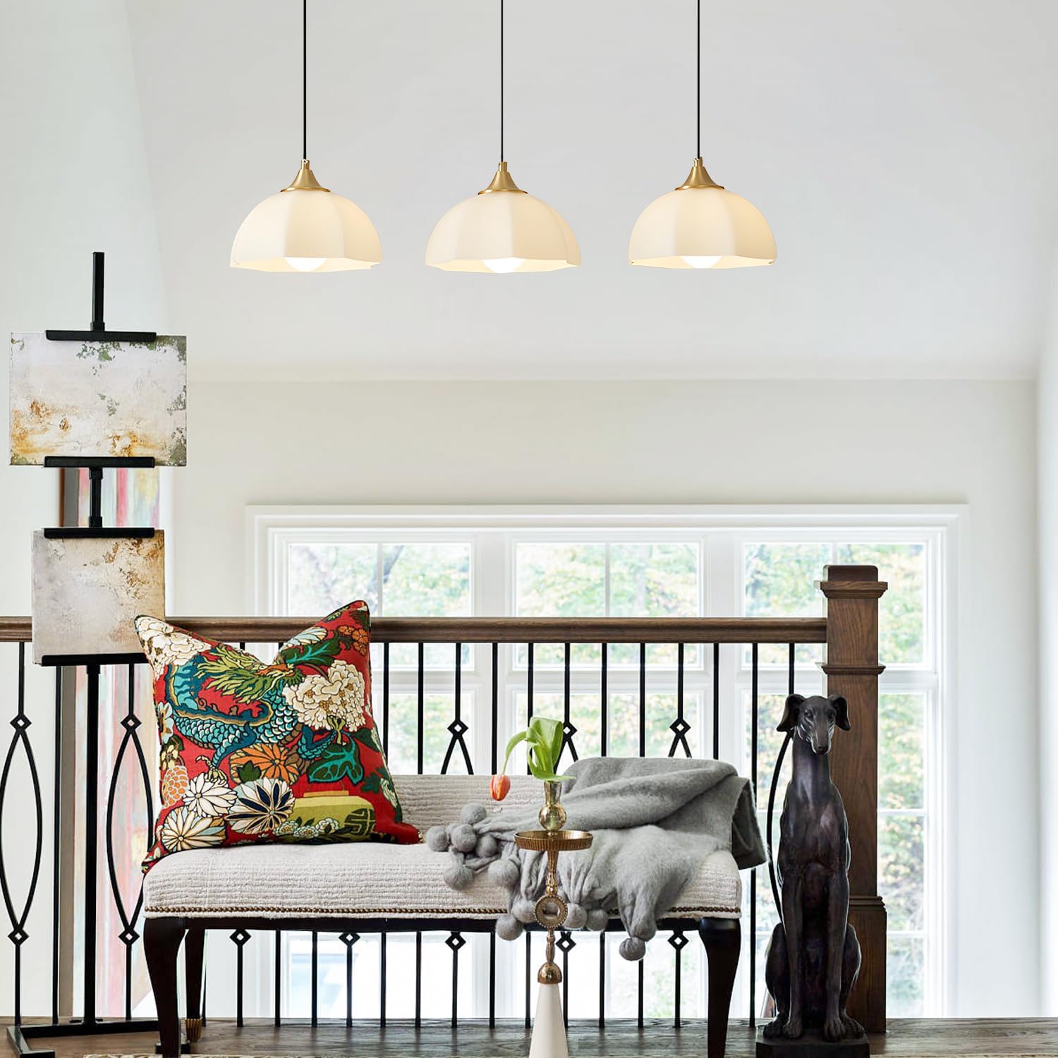 Modern 3 Light Pendant Lighting Gold Linear Dining Room Light Fixture Milk Glass Linear Chandelier Brass and White Pendant Lights Kitchen Island 3 Bulb Hanging Ceiling Light MPL17-3S GD