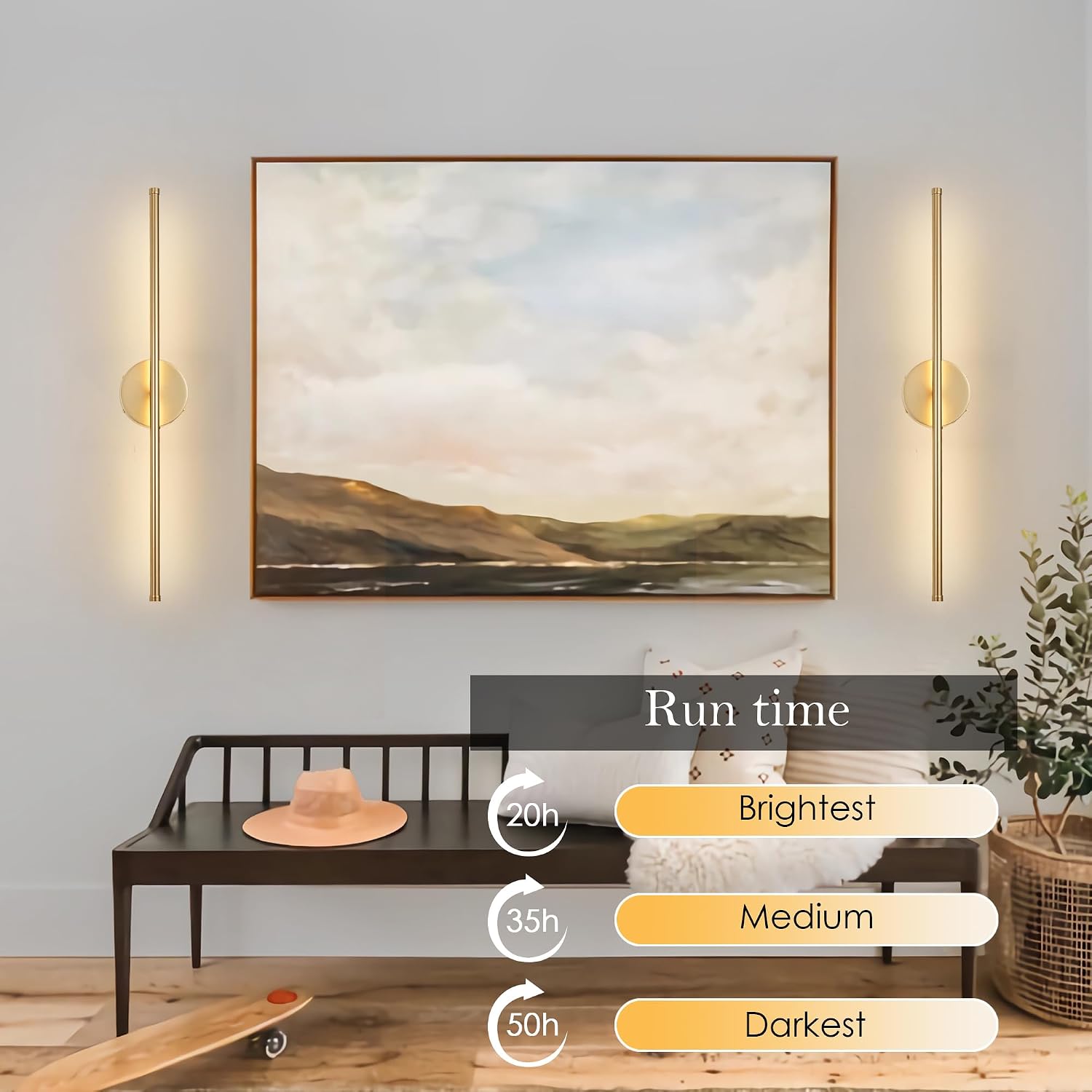 KARTOOSH Battery Operated Wall Sconces, Dimmable Wall Sconces Set of Two, 350°Rotate, 3000K LED Gold Wireless Wall Light for Living Room, Bedroom, Hallway, 32.2 Inch (2 Pack)