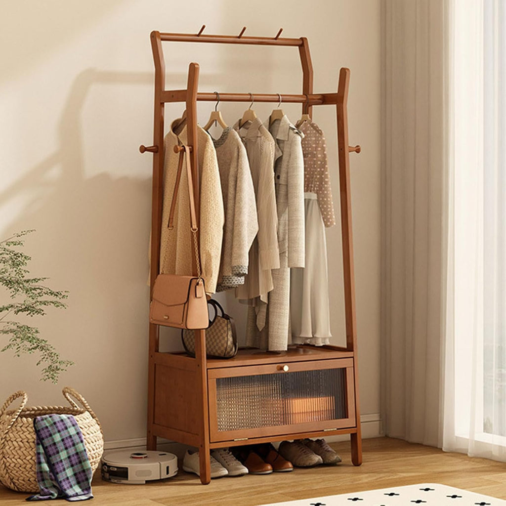 Free Standing Garment Rack with Casters, Bamboo Clothes Rack with Storage Cabinet Clothing Hanging Rail, Open Wardrobe Coat Stands for Bedroom Living Room Hallway