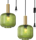 2 Pack Plug in Pendant Light for Living Room, 9.8' Green Glass Ceiling Hanging Lamp Lantern Shade Gold Mid Century Hanging Lamp for Kitchen Island Dining Room Bedroom