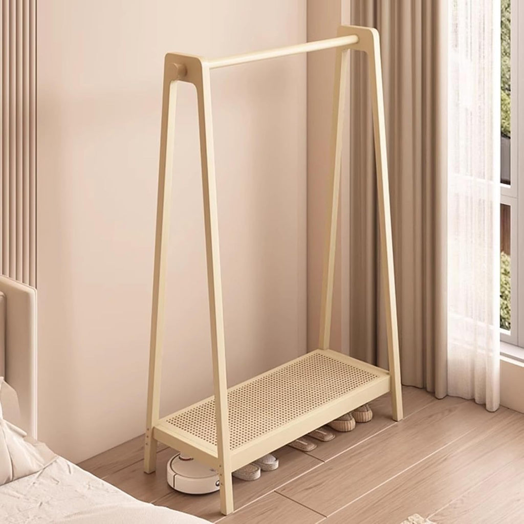 Garment Rack Bamboo Clothes Rack With Shelves 2 Hooks, Modern And Elegant A-shape Clothing Rack For Hanging Clothes, Space-Saving Wardrobe Organizer For Entryway And Bedroom, Creamy(Size:65X36X154CM)