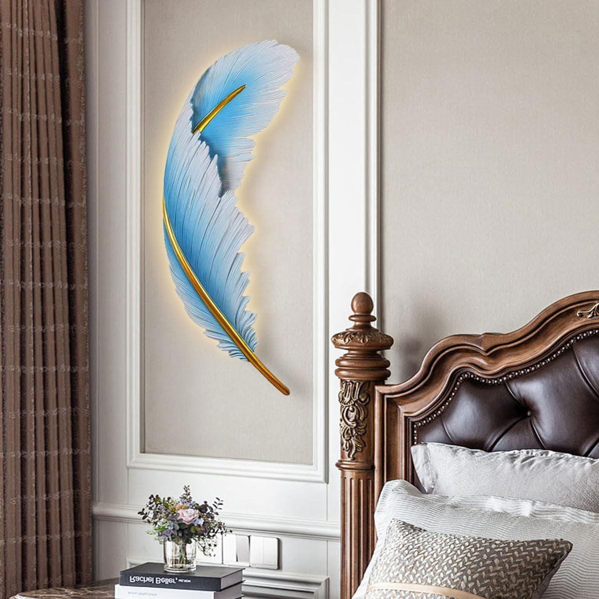 Feather Wall Sconce Modern led Wall Light Sconce Blue Feather Design Art Deco Wall Light Mid-Century Wall Lights Dimmable Sconce for Bedroom Living Room Dining Room Hallway
