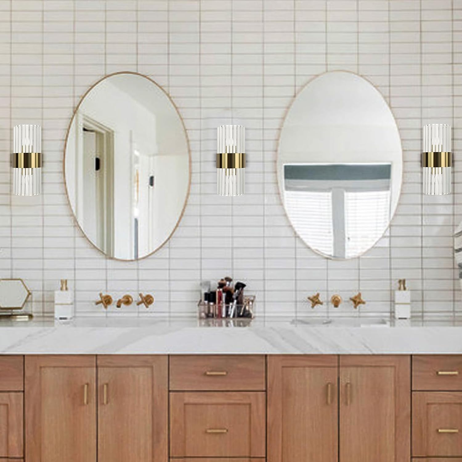 Gold Wall Sconces Set of Two Mid Century Modern Crystal Sconce Lighting 2-Light Brass Glass Wall Light Fixtures for Bathroom Bedroom Hallway Living Room