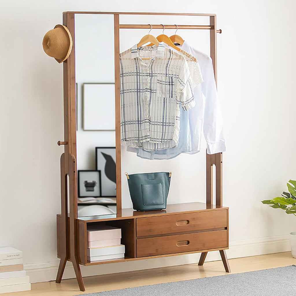 Xuthusman Bamboo Garment Rack With Full Length Mirror and Drawers, Hanging Clothes Portable Wardrobe Rack Freestanding Closet Organizer With Hanging Rod 4 Hooks for Bedroom Living Room