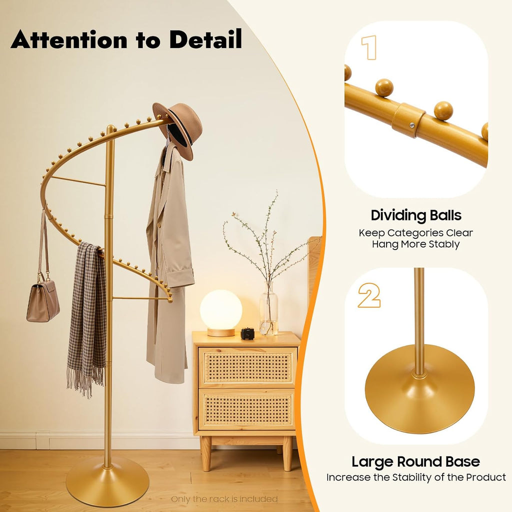 71 in Spiral Rotating Clothing Rack 360° Rotating Freestanding Hanging Clothing Display Stand Metal Heavy Duty Round Garment Rack for Boutique Bedroom (Gold)