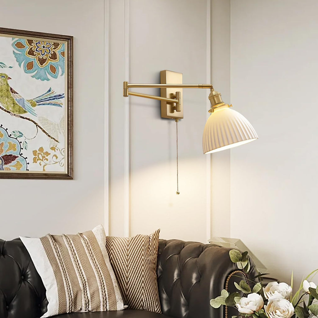 Gold Wall Sconces Set of 2 Modern Bathroom Sconces Wall Lighting Brushed Brass Wall Mount Light Fixture Milk Glass Swing Arm Wall Sconces with Pull Chain Bedroom Hardwired Wall Lamps MWL14D-2
