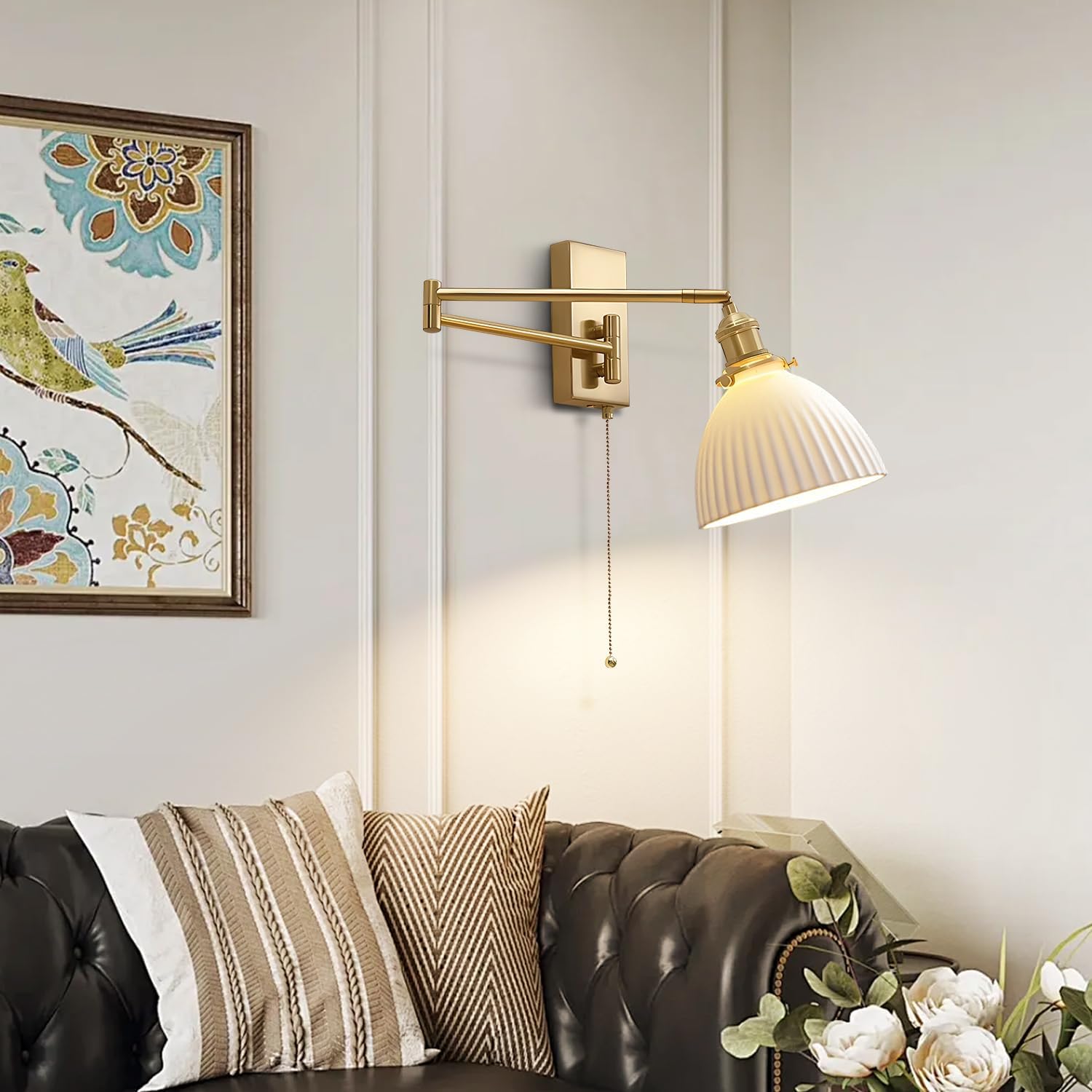 Gold Wall Sconces Set of 2 Modern Bathroom Sconces Wall Lighting Brushed Brass Wall Mount Light Fixture Milk Glass Swing Arm Wall Sconces with Pull Chain Bedroom Hardwired Wall Lamps MWL14D-2