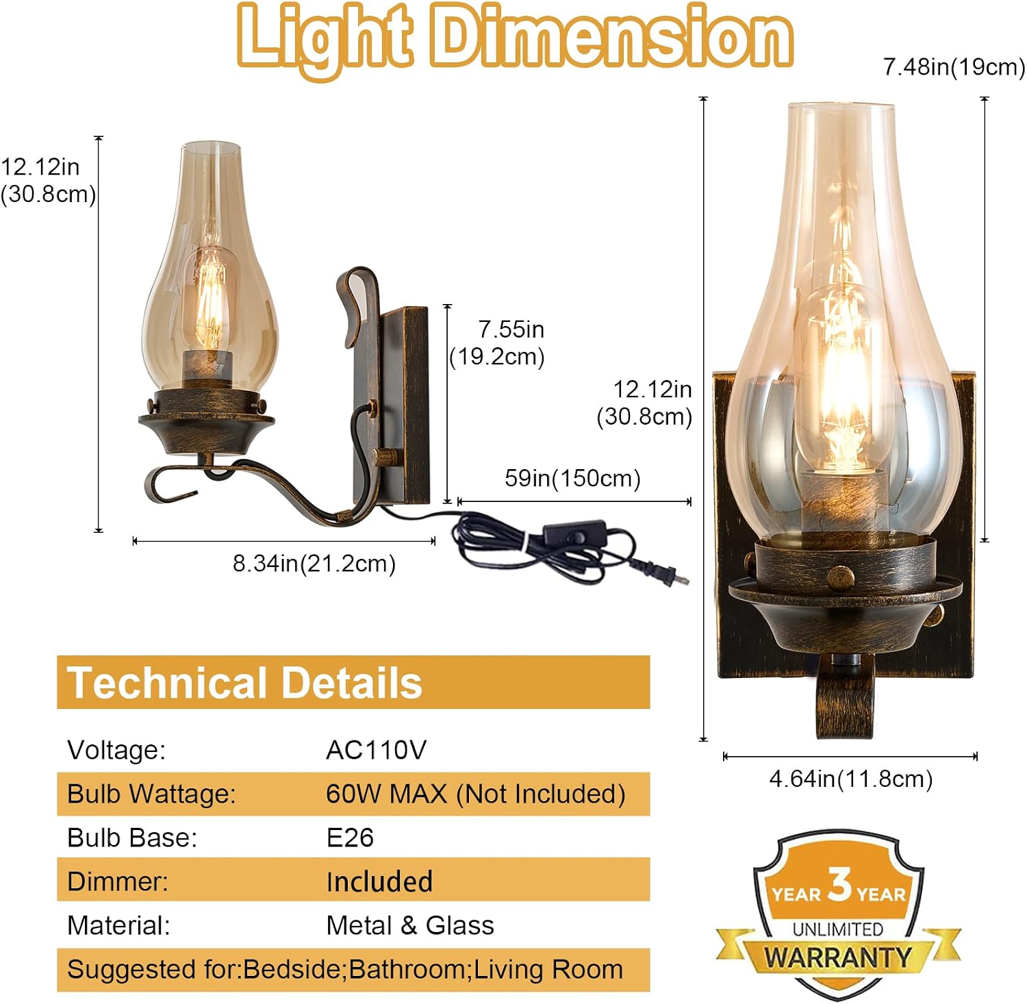 Yisuro Wall Sconces Sets of 2, Oil Rubbed Bronze Plug in Wall Sconce,Retro Rustic Wall Lamps,Sconces Wall Lighting with Amber Glass,Indoor Vintage Bedside Wall Lighting for Living Room Bathroom
