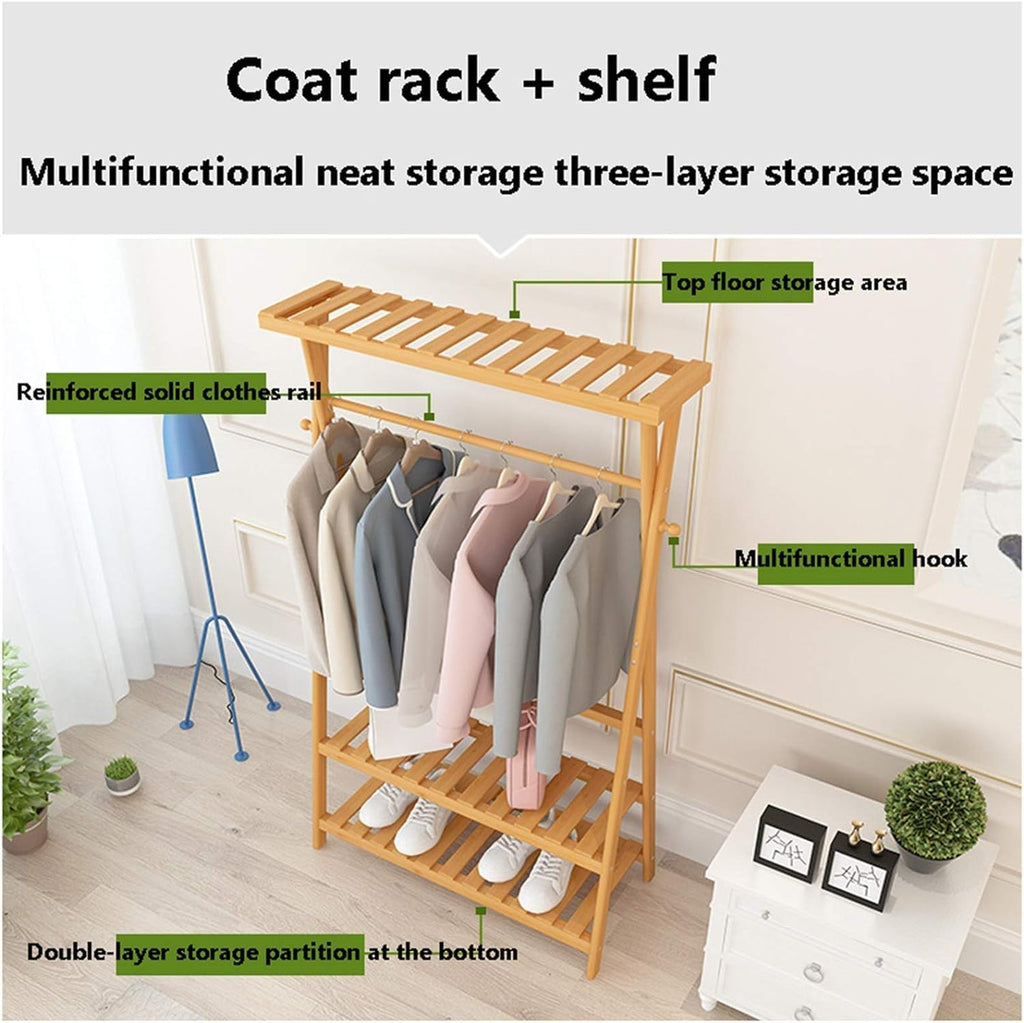 3 in 1 Bamboo Coat Rack Garment Rack,Stand Clothes Hanging with Shelves Storage Organiser Shoe Storage Shelves Garment Rack (Color : Wood color, Size : 80 * 43 * 160cm)