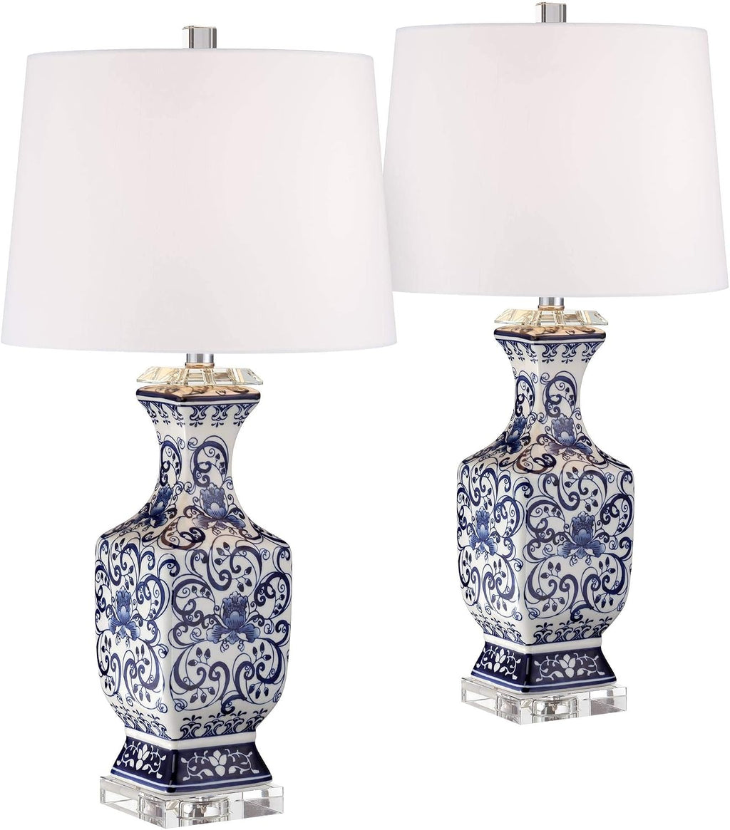 Barnes and Ivy Iris Asian Chinese Jar Style Table Lamps 28' Tall Set of 2 Blue Porcelain Crystal Geneva White Fabric Drum Shade Decor for Living Room Bedroom House Bedside Nightstand Home
