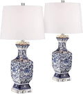 Barnes and Ivy Iris Asian Chinese Jar Style Table Lamps 28' Tall Set of 2 Blue Porcelain Crystal Geneva White Fabric Drum Shade Decor for Living Room Bedroom House Bedside Nightstand Home