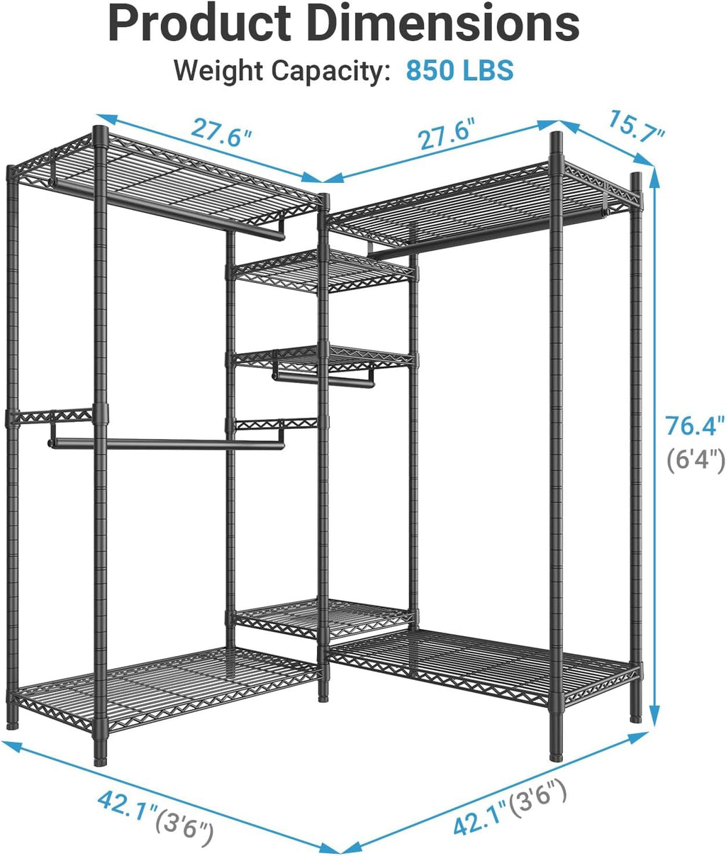 VIPEK L6 Heavy Duty Clothes Rack L Shape Clothing Rack 5-Tier Wire Garment Rack Freestanding Closet with 7 Adjustable Shelves & 4 Hanging Rods, 42.1' L x 42.1' W x 76.4' H, Max Load 850LBS, Black