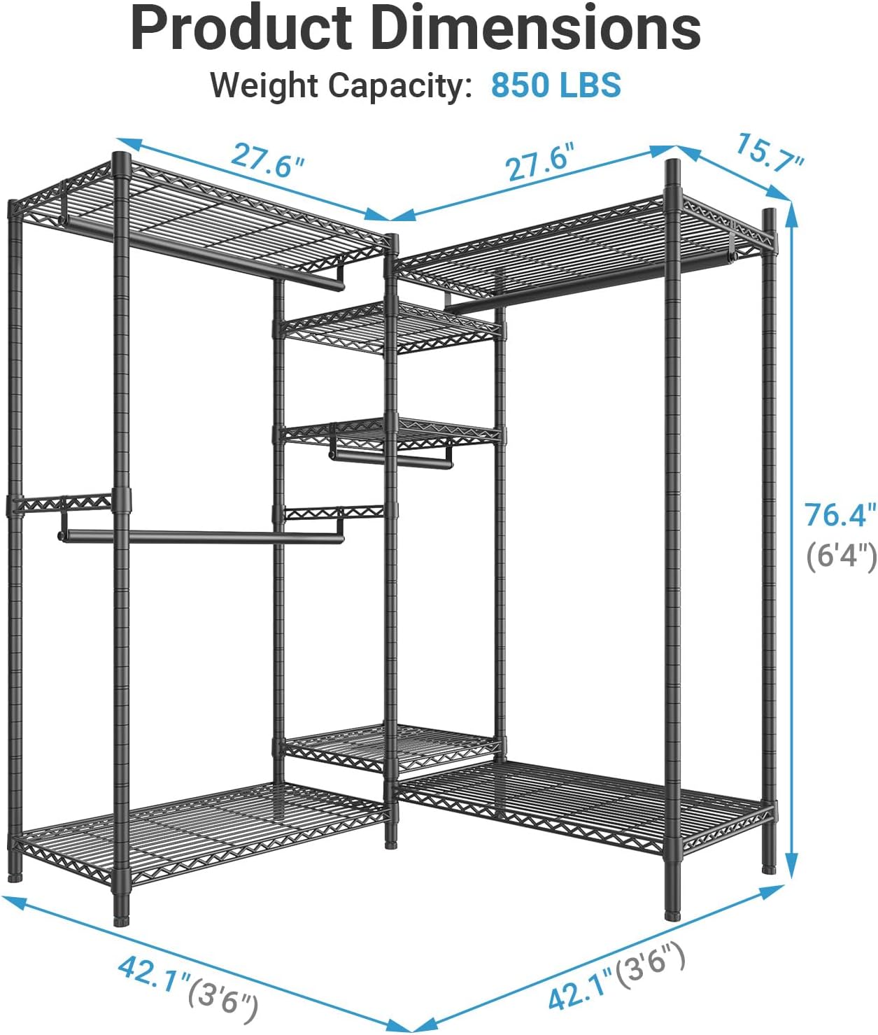 VIPEK L6 Heavy Duty Clothes Rack L Shape Clothing Rack 5-Tier Wire Garment Rack Freestanding Closet with 7 Adjustable Shelves & 4 Hanging Rods, 42.1' L x 42.1' W x 76.4' H, Max Load 850LBS, Black