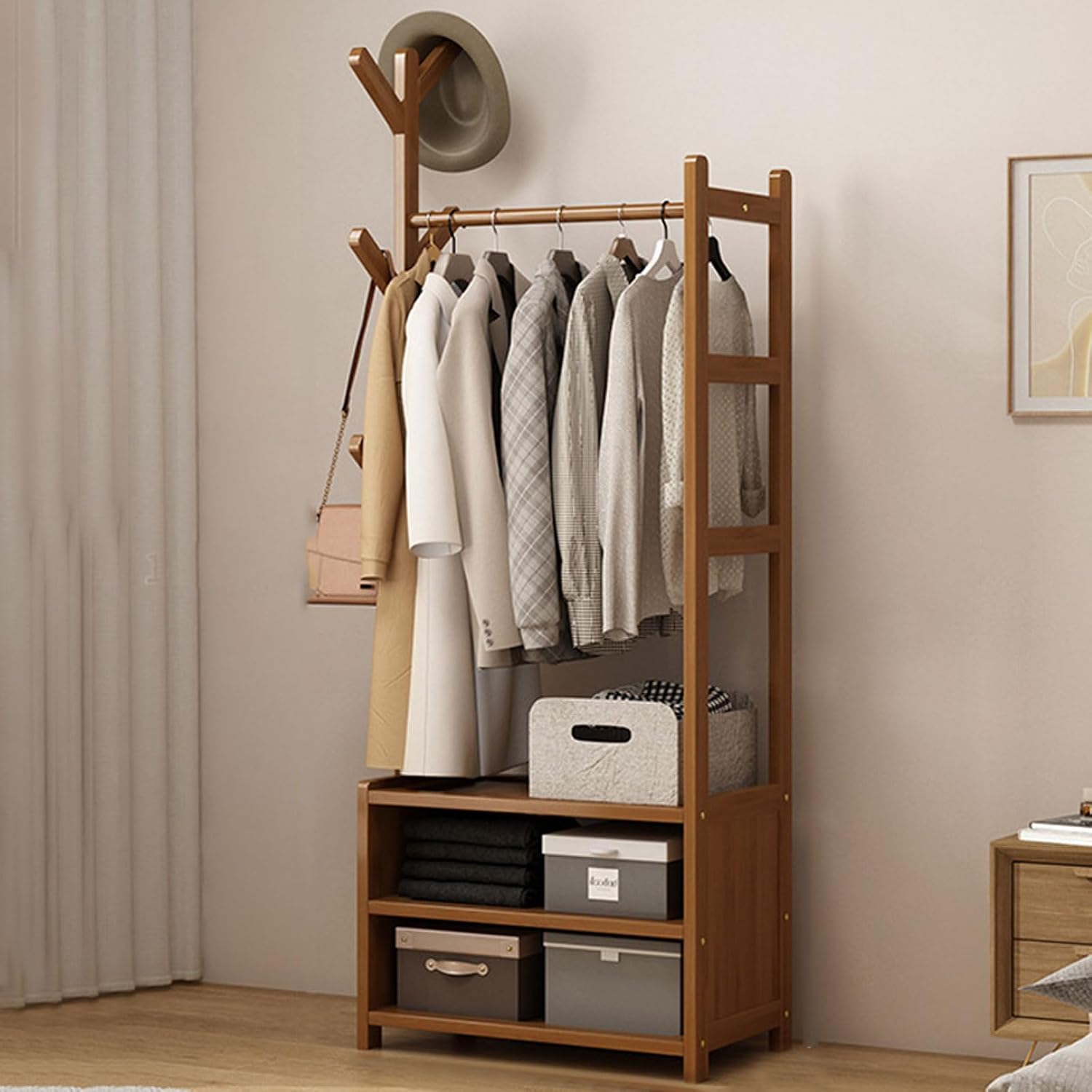 Bamboo Garment Clothes Rack, Free Standing Clothes Rail Stand with Hanging Rod, Open Storage Shelves, Hanging Rail Coat Stand, for Entryway Bedroom Bathroom Office