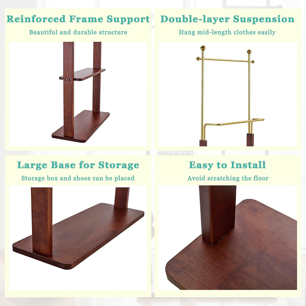 CHANCEE 68.9' Golden Stainless Steel and Walnut Solid Wood Double-Layer Coat Rack, Modern Freestanding Clothes Hanger with Storage Shelf, Multi-Functional Entryway Organizer Cabinet