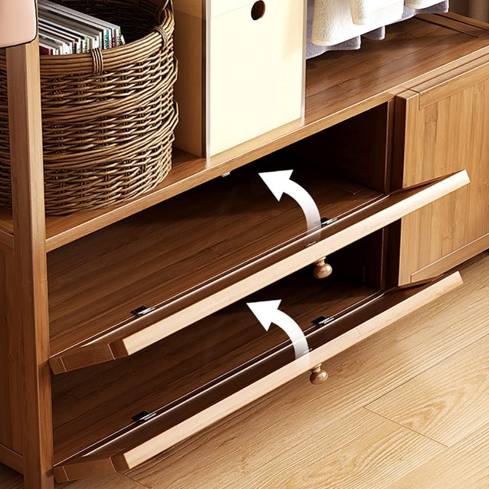 Clothes Rail Rack Bamboo, Open Wardrobe Closet,Garment Rack with Storage Shelves Organizer and One Top Rod for Hanging Clothes Bedroom, Free Standing Coat Rack 100x28x167cm