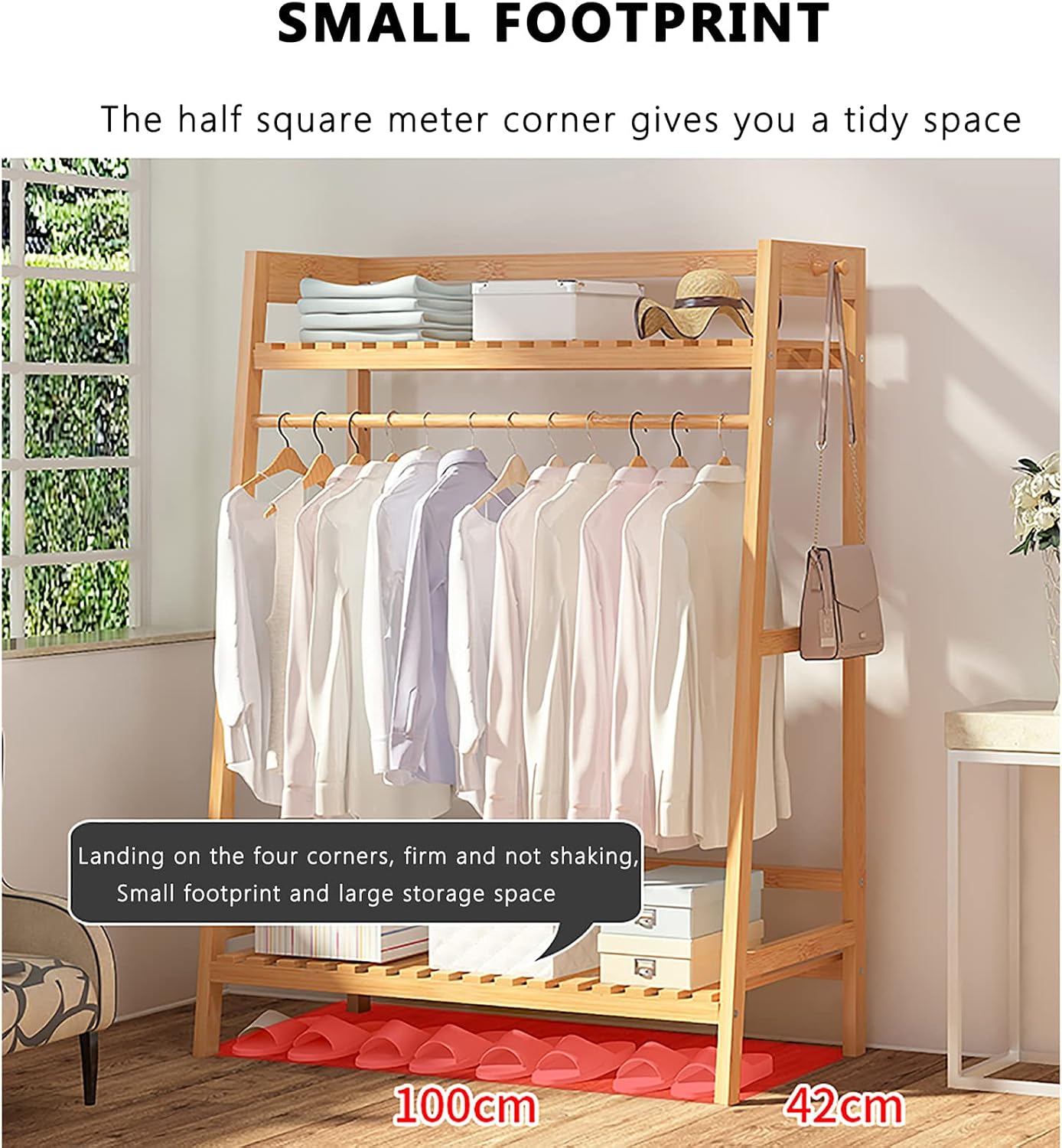 Bamboo Garment Rack,Multi-Functional Clothes Rack,with top Shelf and Shoe Clothing Storage Organizer Shelves,for Bedroom Entryway Hanging Clothes
