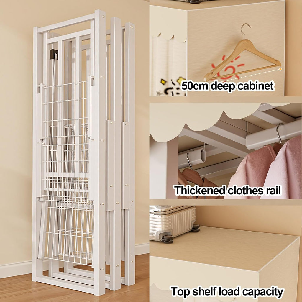 Heavy Duty Wardrobe Closet With Cover, Foldable Garment Rack With Hanging Rods, Metal Clothing Rack, Covered Clothing Coat Storage Organizer, For Bedroom(E,130cm/51.2in)