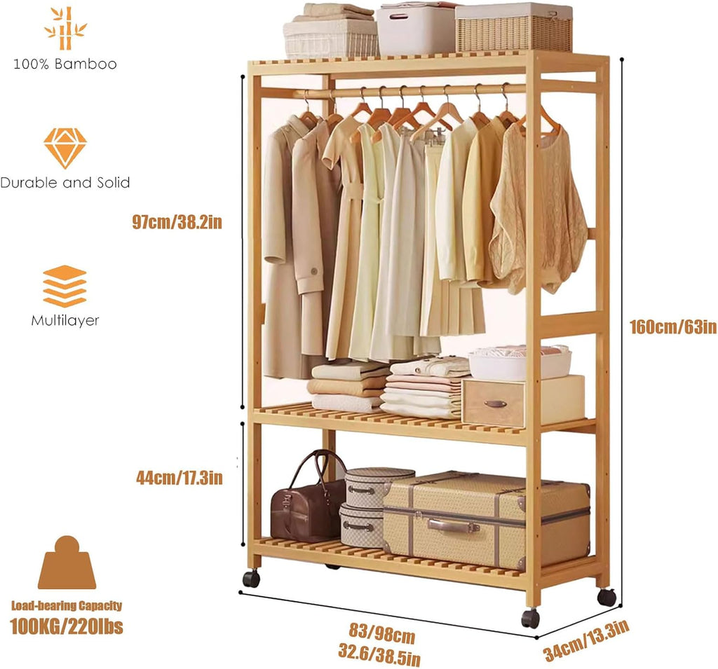 Bamboo Clothes Rack Clothing Hanging Garment Rack Stand Open Wardrobe Closet with 3 Tier Storage Shelves Organizer for Living Room Bedroom Entryway