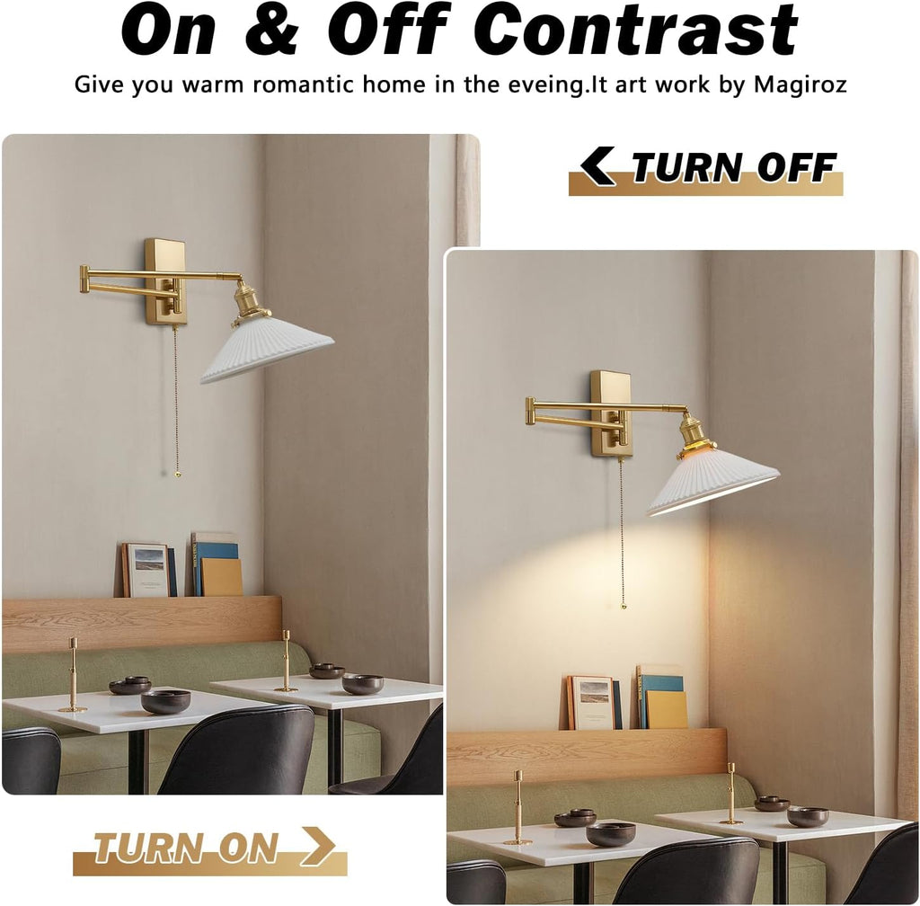 Swing Arm Sconces 2pk, Brushed Gold Hardwired Wall Lamp Pull Chain | Adjustable swing arm wall sconces in brushed gold with frosted glass; 180° rotation for bedside and vanity use; E26 base