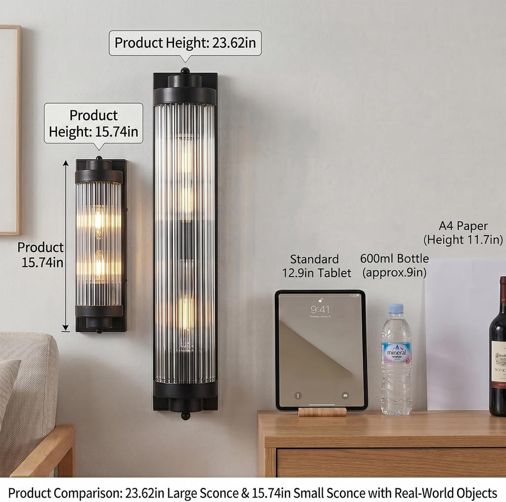 Black Wall Sconces Set of Two with Crystal Glass Strip Bathroom Sconces Modern Wall Lights for Bedroom Living Room Hallway Wall Light Fixtures, 2 Light E12 Base