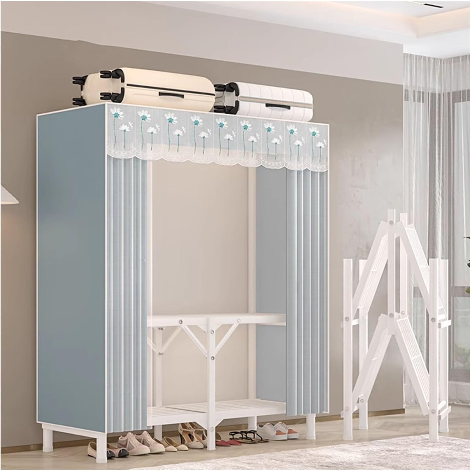 Heavy Duty Portable Wardrobe Closet With Cover, Freestanding Coat Storage Garment Racks For Hanging Clothes, Foldable Covered Clothes Rack For Bedroom(Blue1,150x170x45cm)