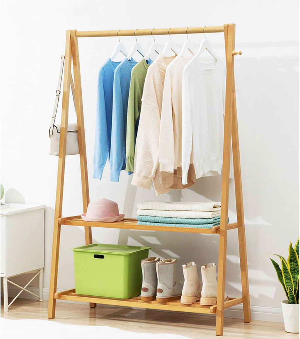 3 In 1 Bamboo Coat Stand Hanging Clothes Rail Shoe Storage Shelves Garment Rack Foldable Freestanding Clothes Hat Hanger Stand For Entryway Bedroom Hallway,Woodcolor,106 * 40 * 160cm