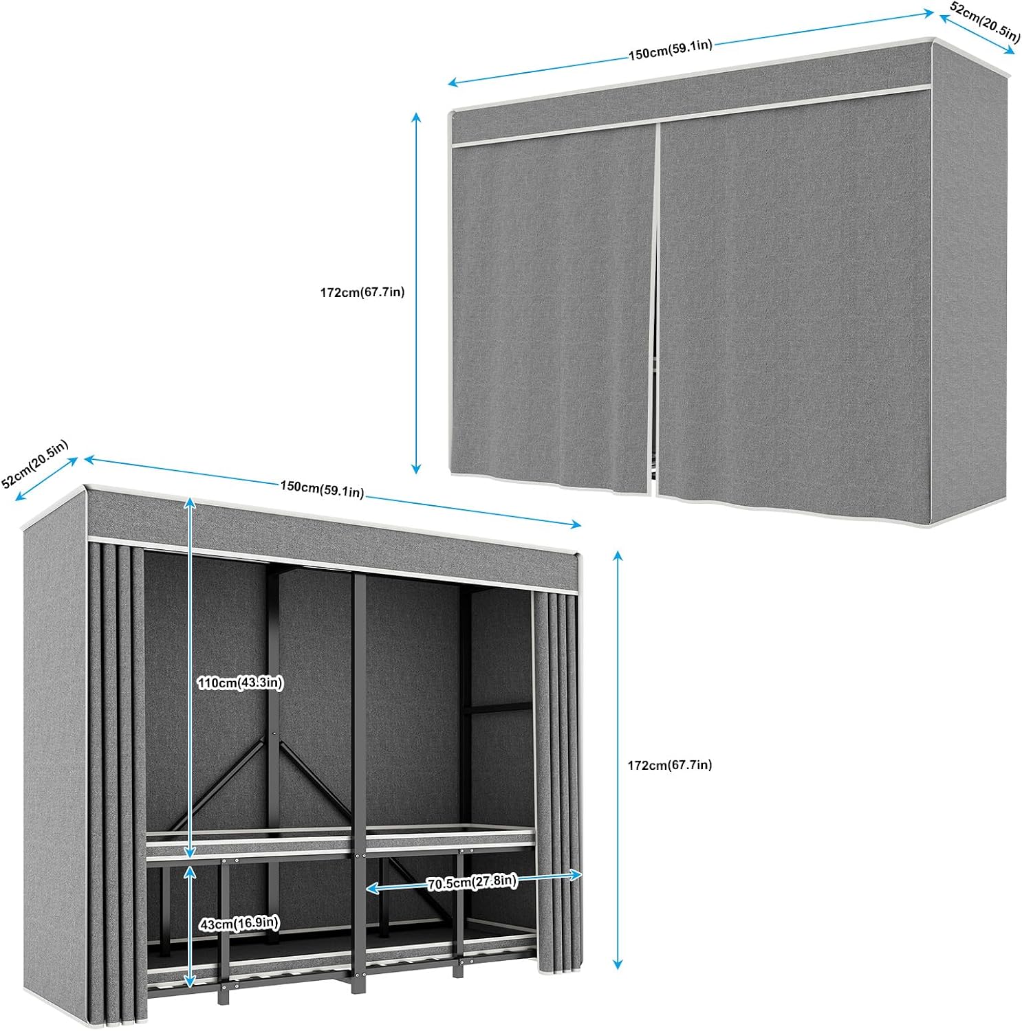 Foldable Heavy Duty Portable Closet with Cover, Freestanding Storage Garment Rack for Bedroom, Clothes Rack for Hanging Clothes Armoire Wardrobe Closet System, 59.01x67.7x20.5 Inch,Black Grey