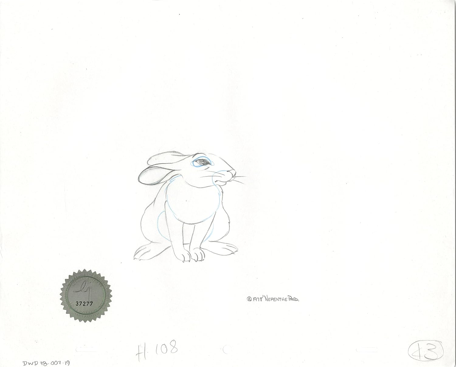 Watership Down 1978 Production Animation Cel Drawing with Linda Jones Enterprise Certificate of Authenticity 007-019