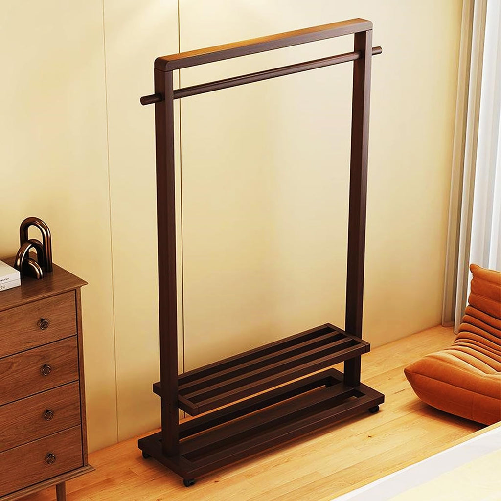 Large Solid Wood Clothes Rack, Garment Rack for Hanging Clothes, Bamboo Clothing Rack with Storage Shelf & Wheels, Portable Clothes Rack Coat Rack for Entryway and Bedroom,Brown,65cm