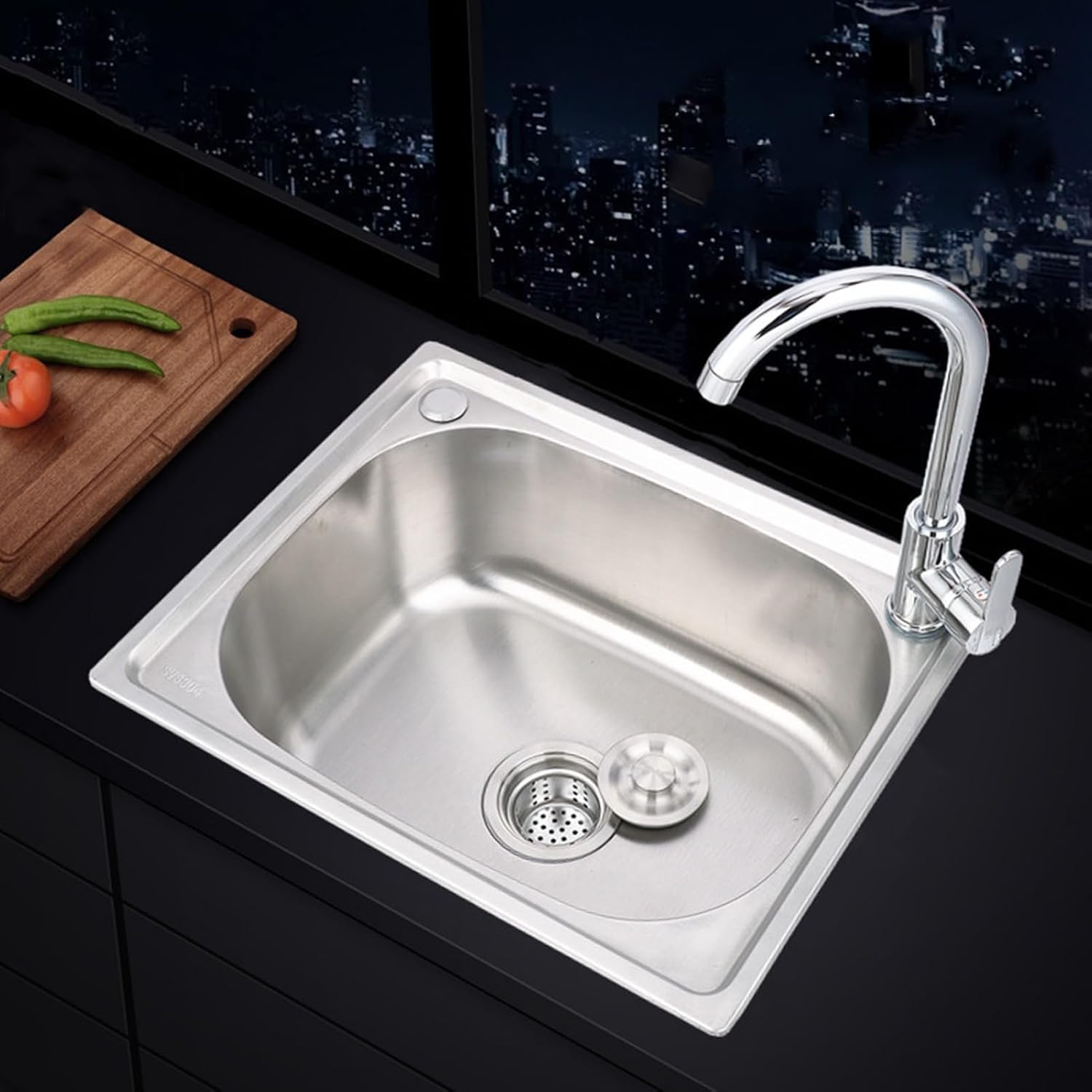 Stainless Steel Kitchen Sink - Top-Mounted Single Bowl Washbasin with Hot and Cold Water Tap, Drain Filter, and Inlet Pipes,One Color-48x35cm