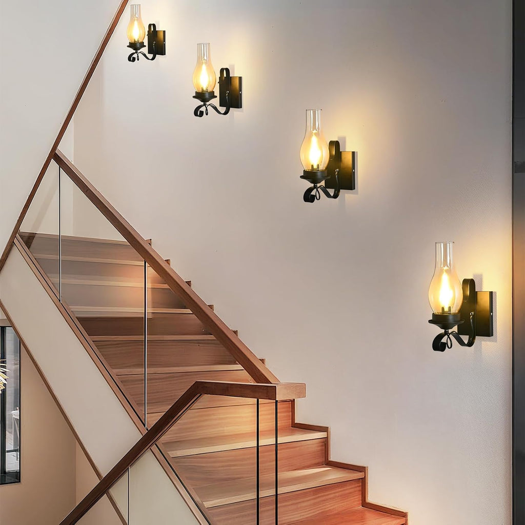 Rustic Wall Sconces, Black Farmhouse Industrial Wall Sconce with Amber Glass, Vintage Retro Wall Lamps, Indoor Wall Lighting Lantern for Bedroom Living Room Bathroom (4 Pack Hardwired)