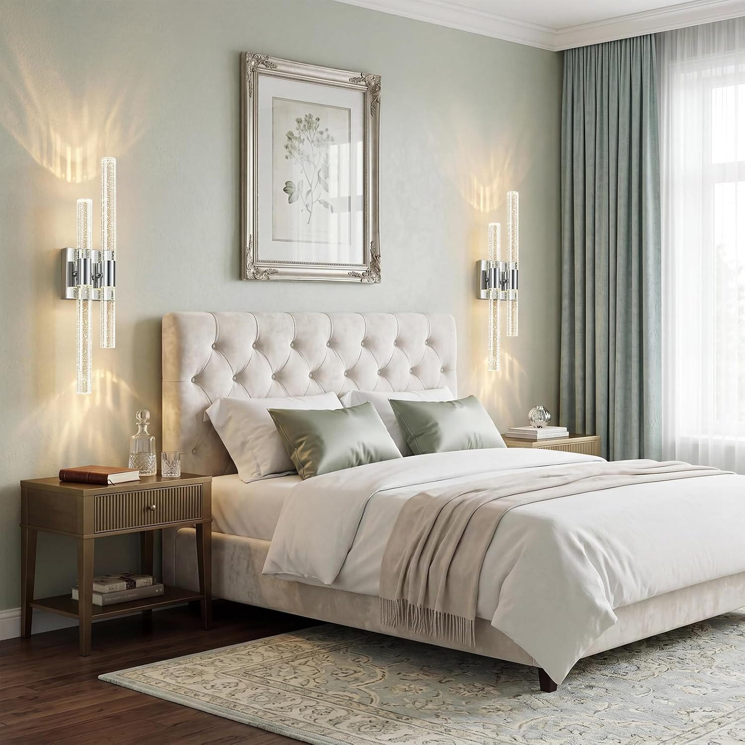 Crystal Wall Sconces Set of Two Chrome Wall Sconce Hardwired LED Bathroom Vanity Light Fixtures 21.25in 4000K Vertical and Horizontal Wall Mounted Sconces for Bedroom, Living Room, Hallway
