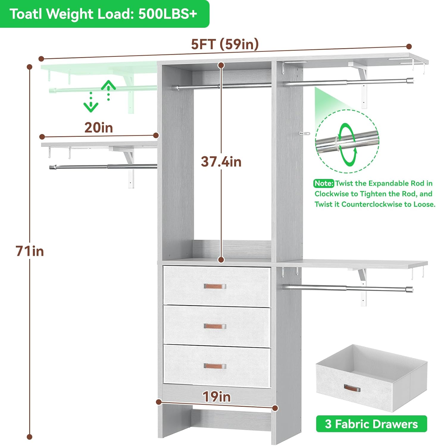 Armocity 5FT Small Closet System with 3 Fabric Drawers, 60 Inches Walk In Closet Organizer System With 3 Adjustable Shelves, Heavy Duty Clothes Rack Built-In Garment Rack, 59' L x 16' W x 71' H, Grey