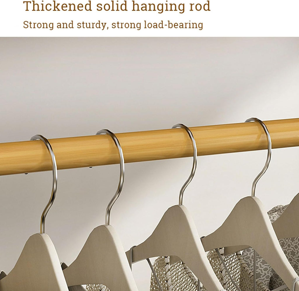 Free Standing Clothing Hanging Stand Bamboo Garment Rack with Storage Shelf, Hanging Rail and Side Hooks, Open Wardrobe Closet Tidy Rail for Clothes Hats Bags