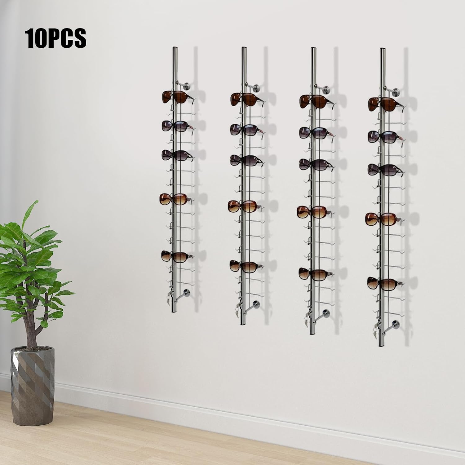 Sunglasses Rack Organizer, 10PCS Aluminum Wall Mount Eyeglasses Rack, Silver Sunglasses Rack Holder Eyeglasses Display Stand for Exhibition Display, Shop Display, Personal Storage (12 Pairs)