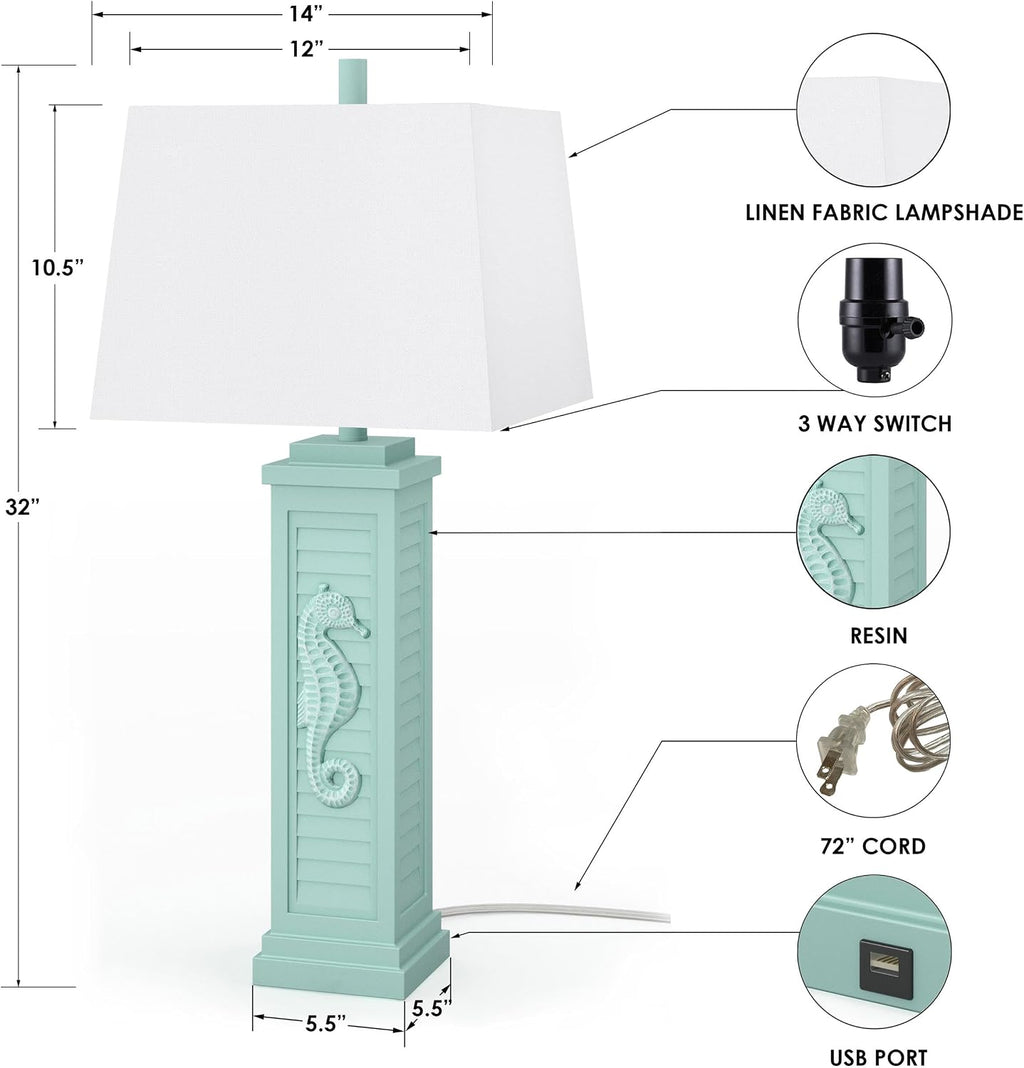 Lux Lighting Sea Horse Shutter 32' Teal Blue/Green Coastal Lamp with USB Charging Port (Set of 2) 3-Way Switch