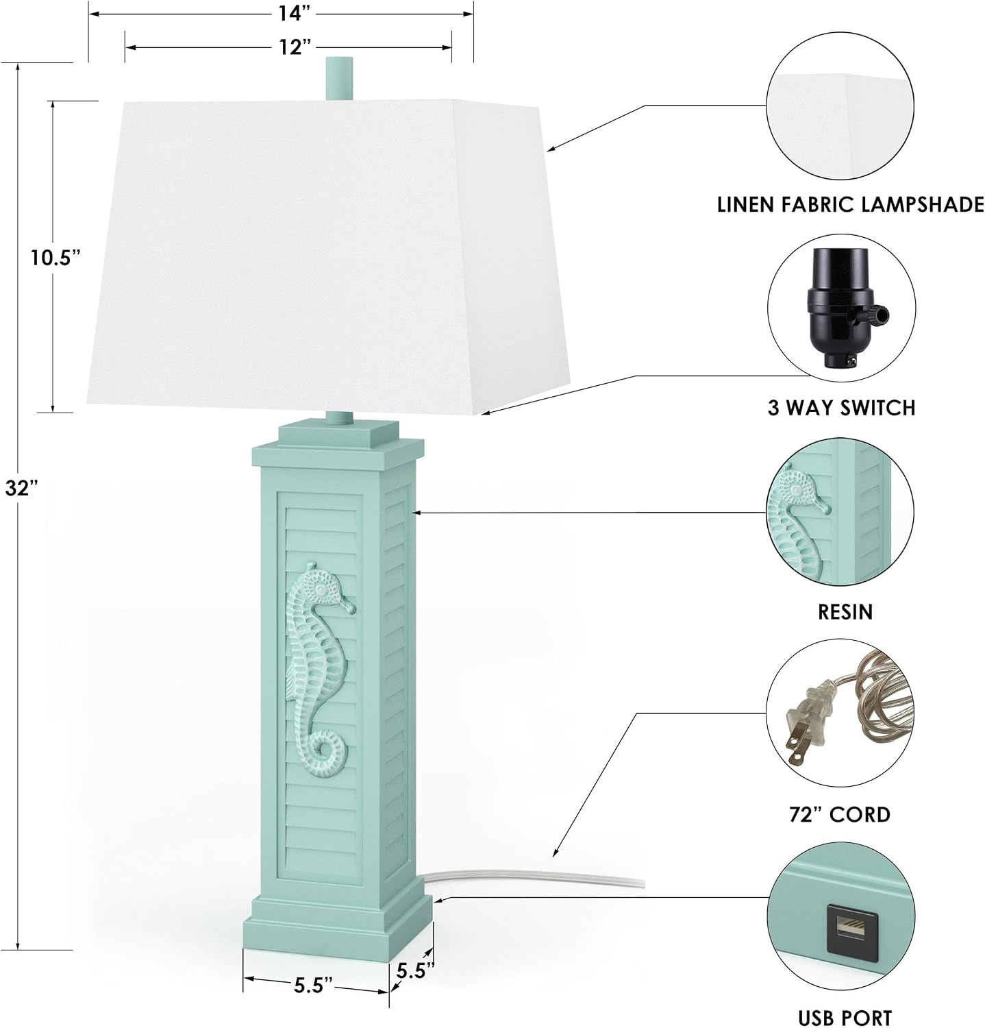 Lux Lighting Sea Horse Shutter 32' Teal Blue/Green Coastal Lamp with USB Charging Port (Set of 2) 3-Way Switch
