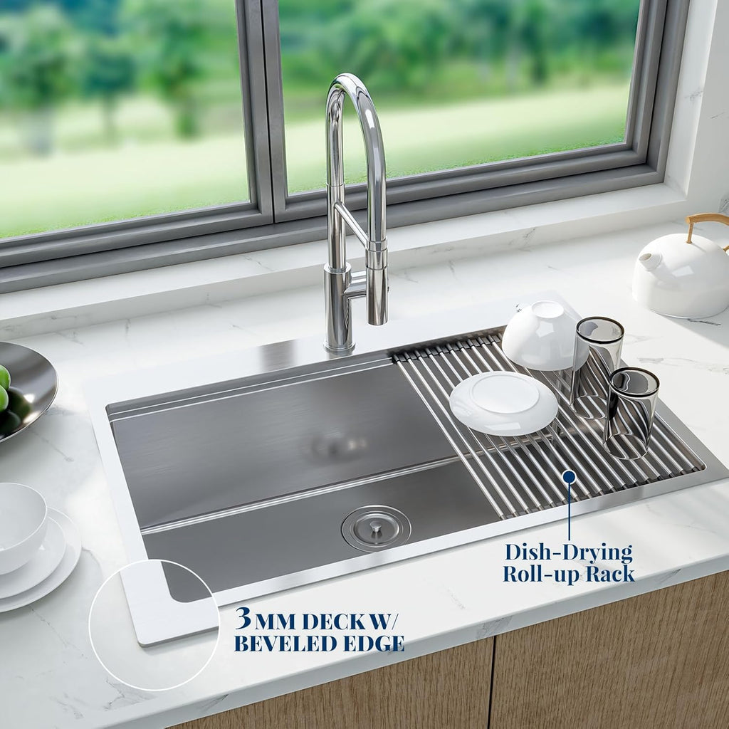 Senfot 30 Inch Drop In Kitchen Sink, Topmount Kitchens Bar Sink with Single-tier Track, Stainless Steel Single Bowl Sinks with Drain Strainer, Bottom Rise Grid, Full Accessories, Brushed Nickel