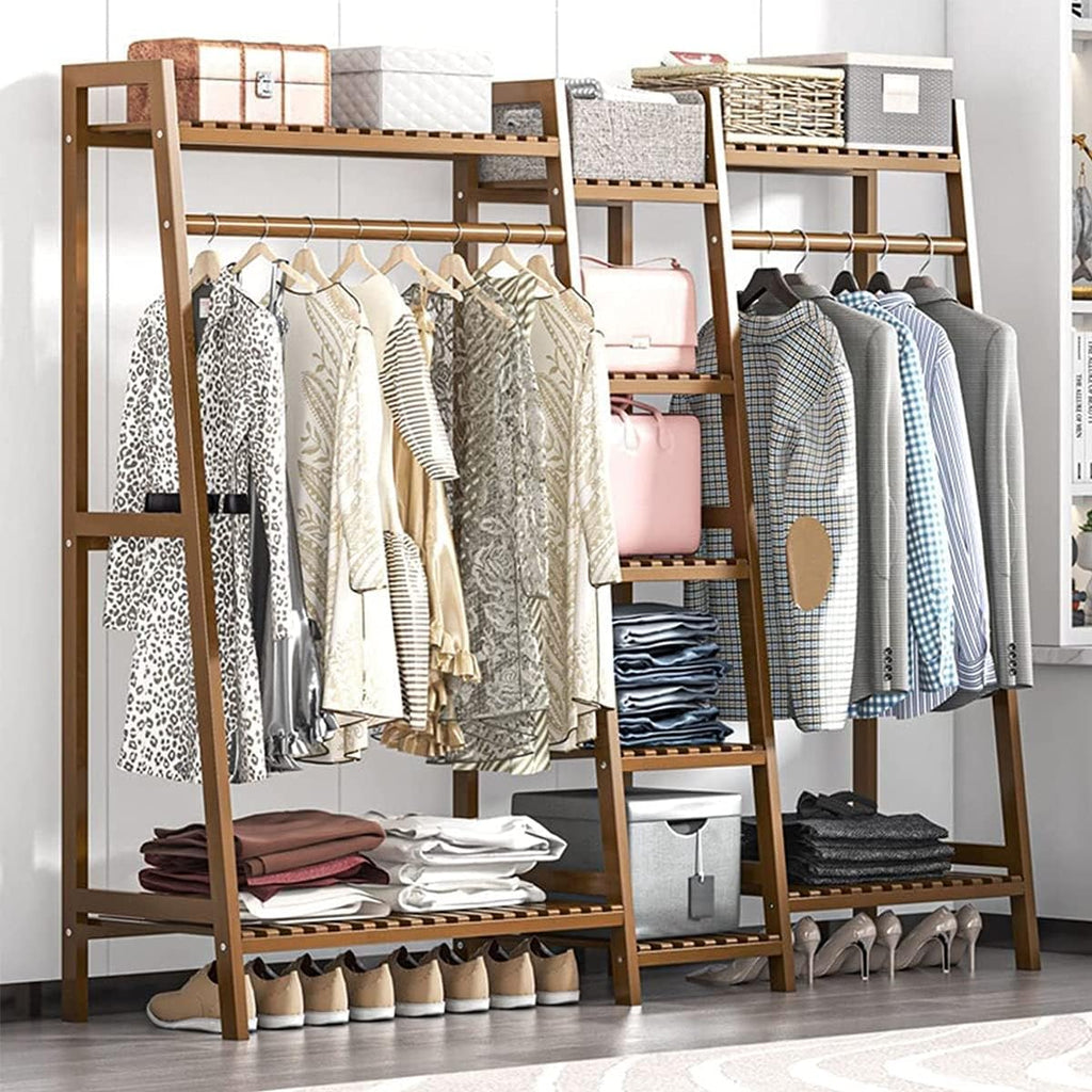 Clothes Rod Rack Shoe Bench Coat Stand Rack Hanger Clothing Racks Bamboo Garment Rack for Hanging Clothes Heavy Duty Rack with Shelves and Shoe Clothing Storage Organizer Open Coat