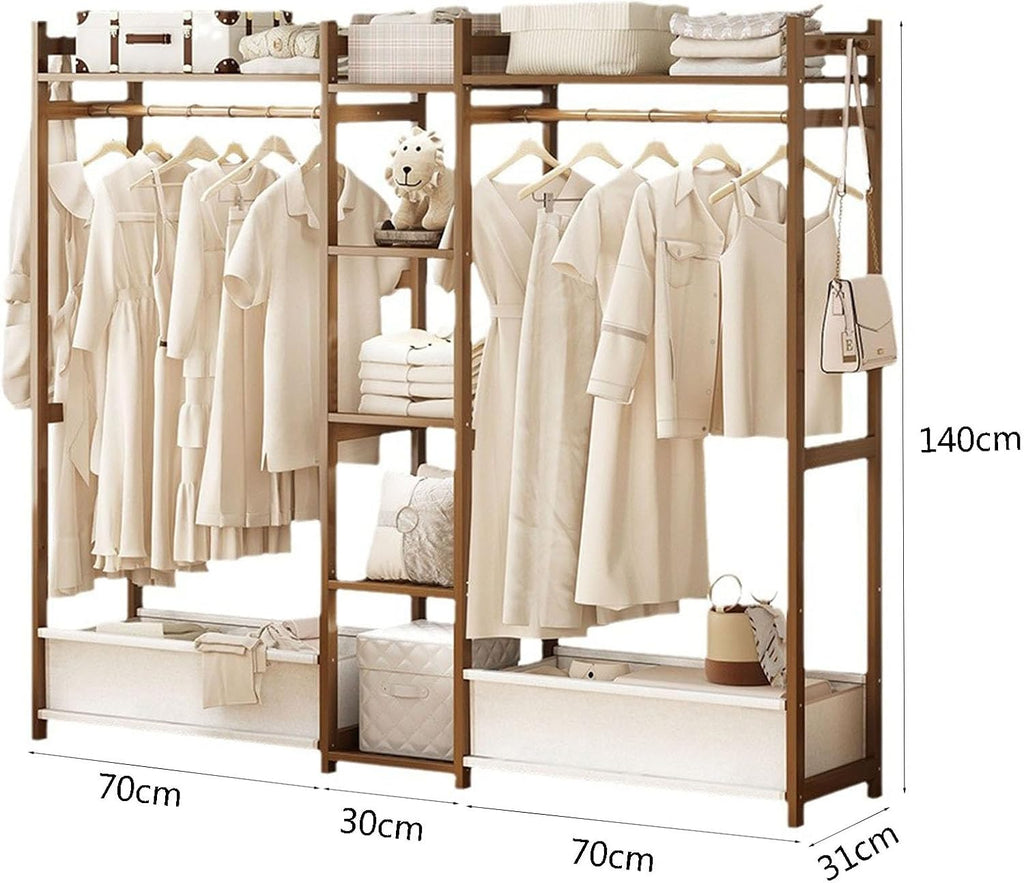 Bamboo Garment Rack, Free Standing Clothes Coat Hanger Rolling Closet Organizer with Shoe Rack Wardrobe Storage Shelves for Hall Living Room Bedroom Office, Walnut