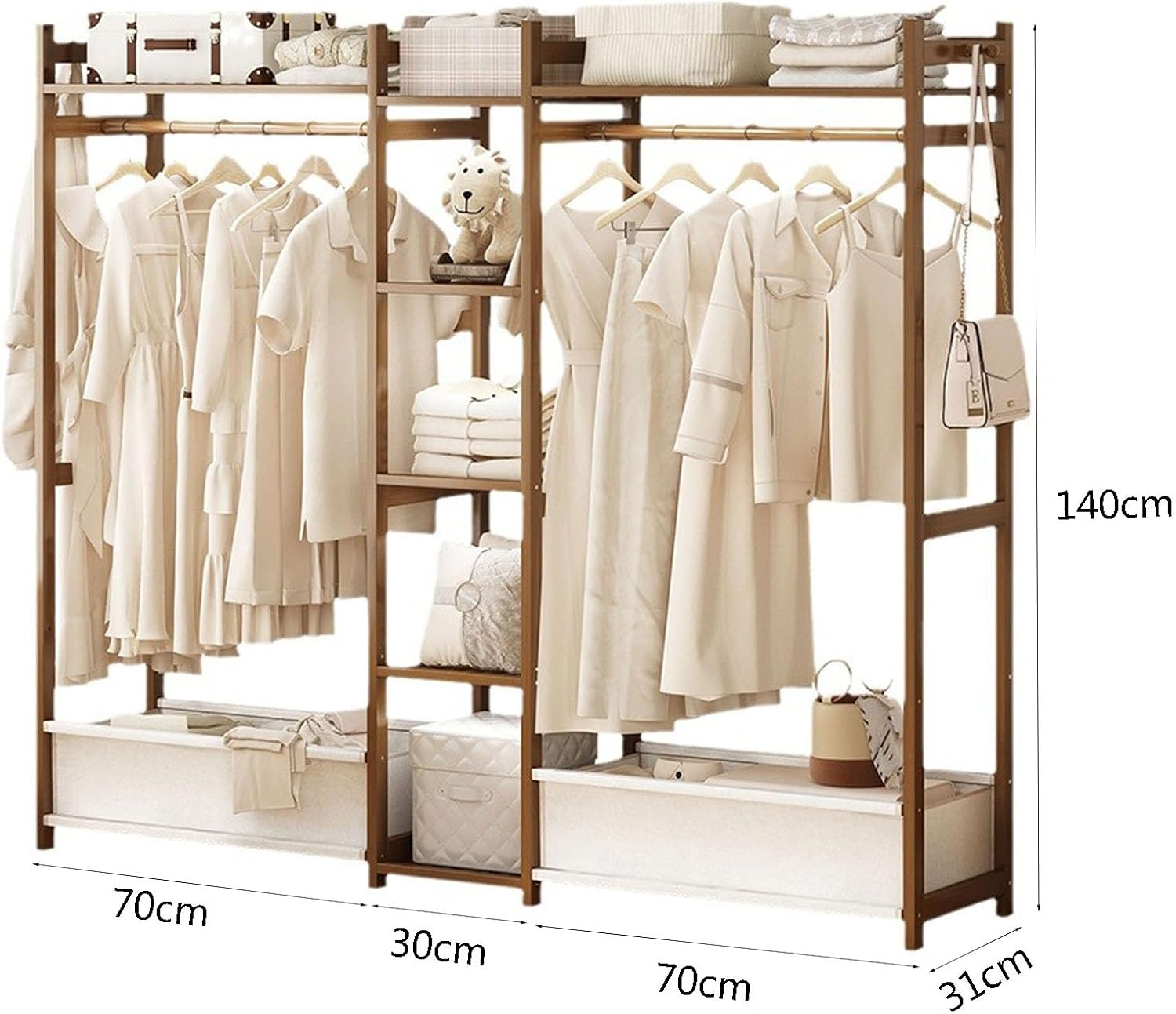 Bamboo Garment Rack, Free Standing Clothes Coat Hanger Rolling Closet Organizer with Shoe Rack Wardrobe Storage Shelves for Hall Living Room Bedroom Office, Walnut