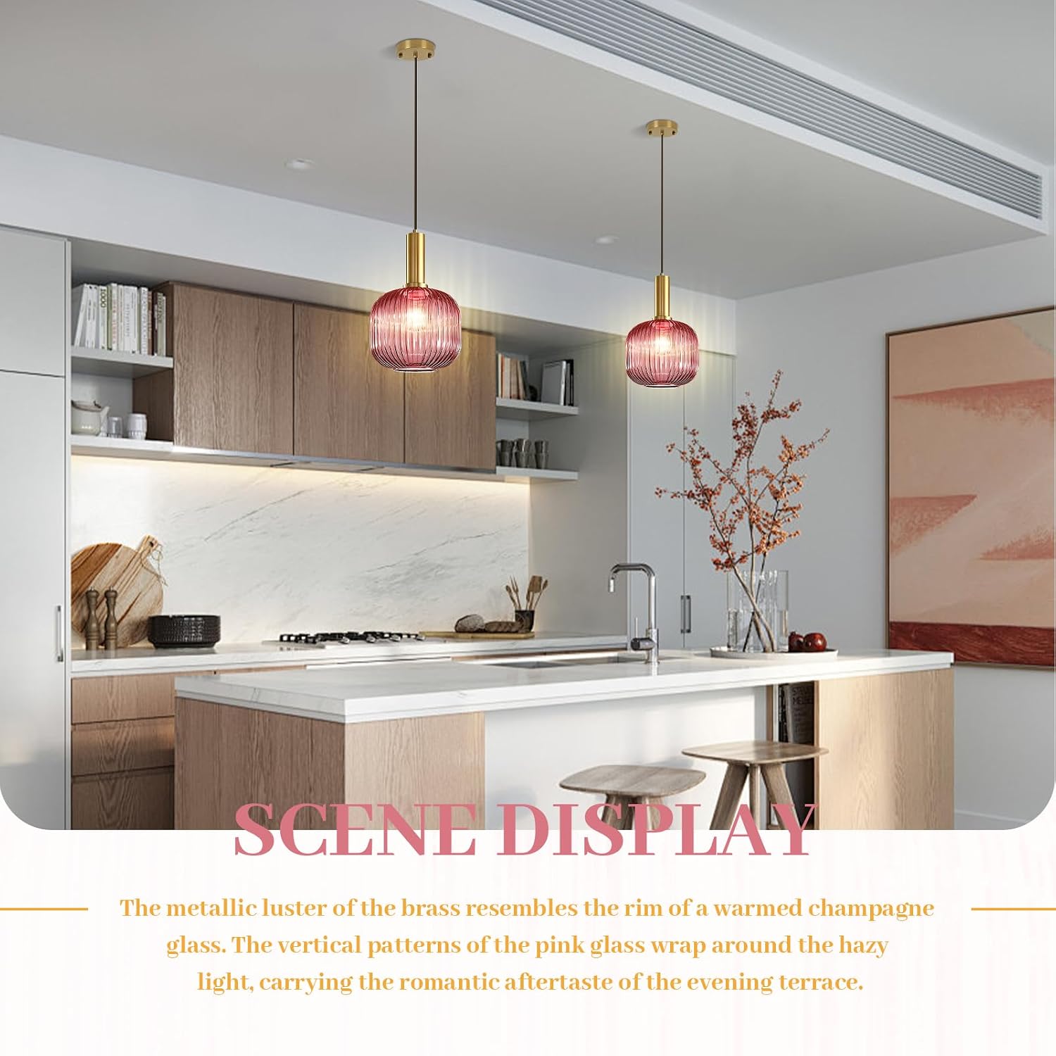 Glass Pendant Lamp Pink Pendant Light Kitchen Pendant Lighting Over Island Mid Century Modern Hanging Ceiling Light Gold Single Globe Chandelier Light Fixture for Dining Room Bedroom Hallway