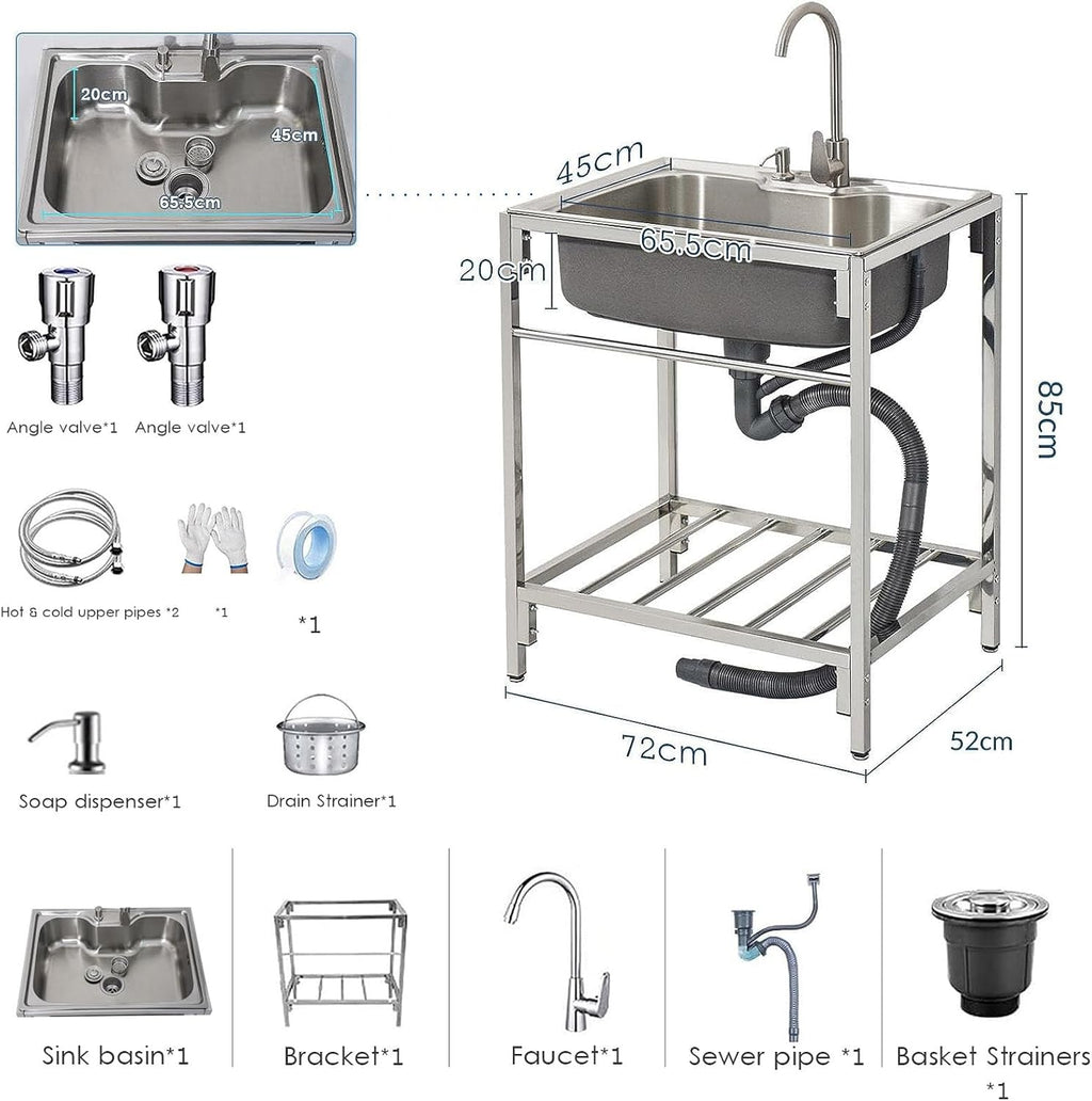 Kitchen Utility Sink,Freestanding Sink Single Bowl Stainless Steel Sink,Outdoor Garden with Hot and Cold Water Pipe Tap Suitable for