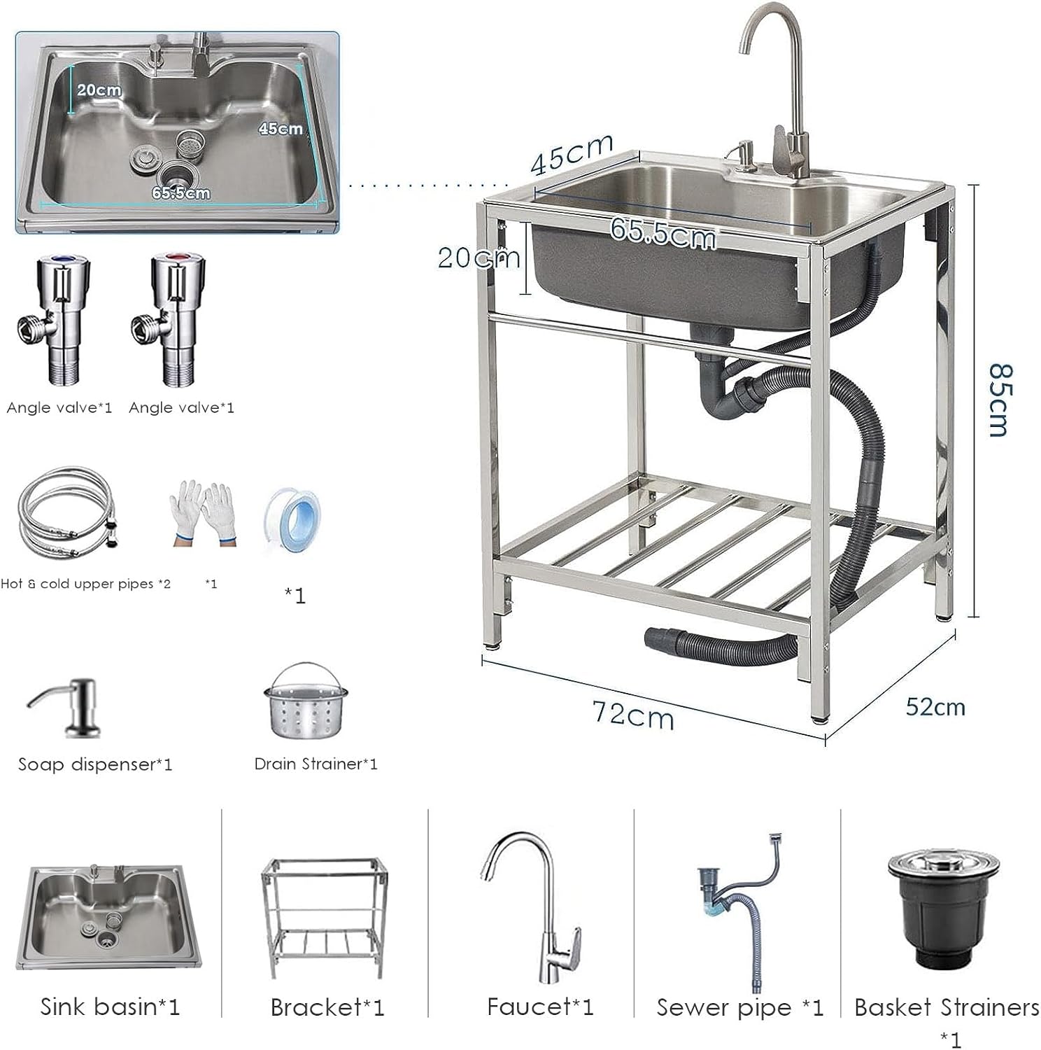 Freestanding Sink Utility Sink Stainless Steel Sink Single Bowl Sink Workbench with Hot and Cold Water Pipe Tap for Outdoor Indoor Utility Room,Garage,Laundry 72Cm
