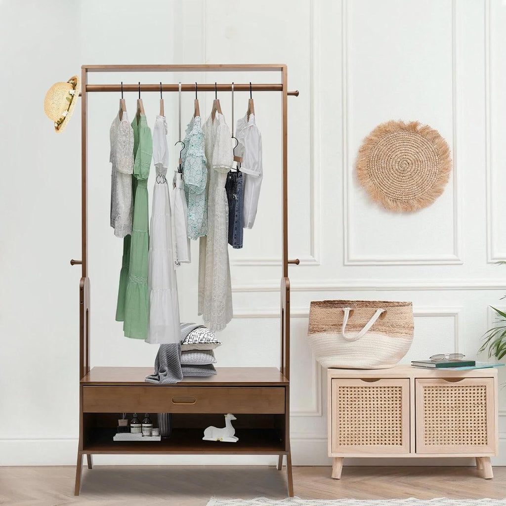 for Bamboo Clothes Hanging Garment Rack Heavy Duty Laundry Rack Cloest Storage Shelf